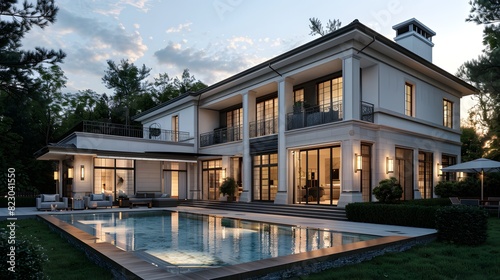 An elegant modern house with illuminated interiors, a pool, and a tranquil twilight sky sets a luxurious scene. 