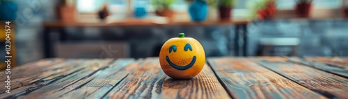 The image shows a smiley face on a wooden table. The background is blurred.