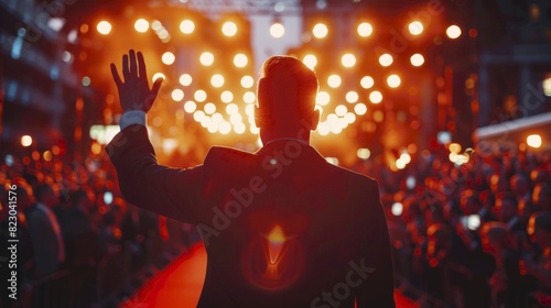 Obraz na płótnie Celebrity A welldressed celebrity waving at fans on a red carpet close up, focus on smile fame realistic, Silhouette, red carpet event w salonie
