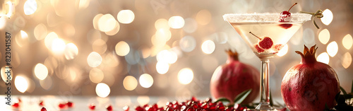 Pomegranate cocktail and ripe red fruit antioxidant mixology bartending lighting with blurred background
 photo