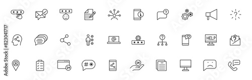 Customer service icon set. Containing customer satisfied, assistance, experience, feedback, operator and technical support icons. Thin outline icons pack.