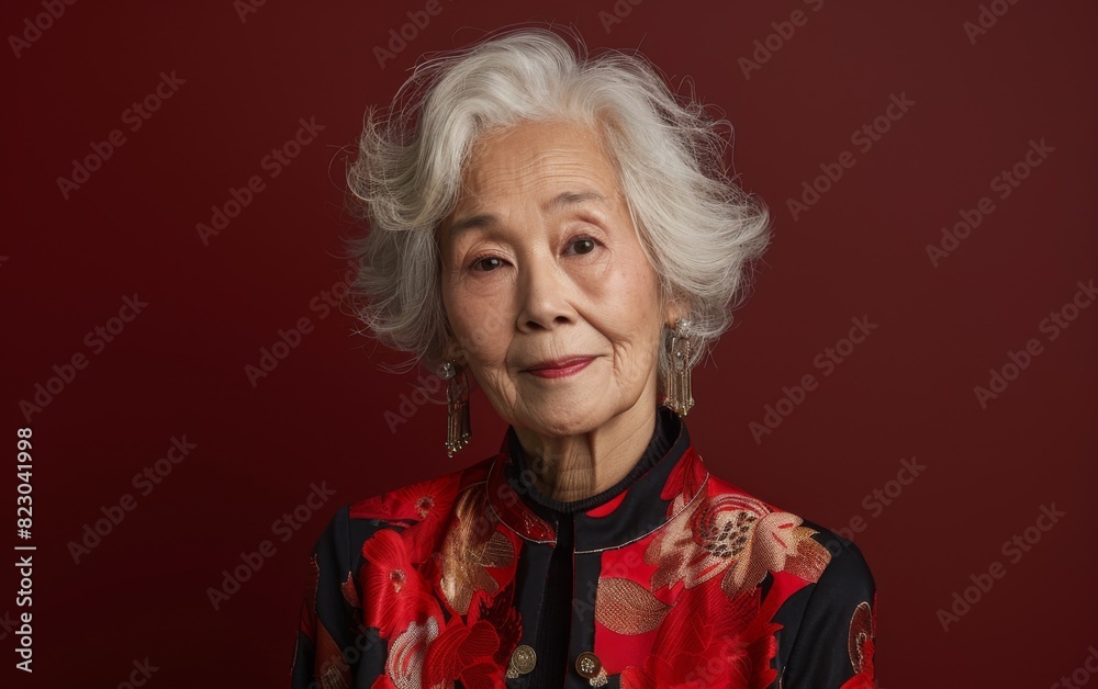 An older Asian woman proudly wearing a red and black jacket An older Asian woman proudly wearing a red and black jacket