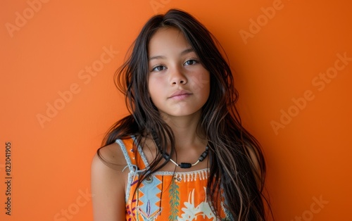 A young girl of Inuit descent standing confidently in front of a bright orange wall