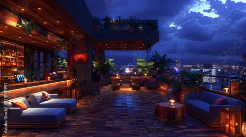 An upscale rooftop terrace with luxurious seating and atmospheric lighting overlooking a cityscape at dusk 
