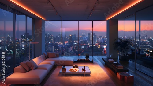 A luxurious modern living room with a panoramic view of the city skyline at dusk highlighted by ambient lighting. 