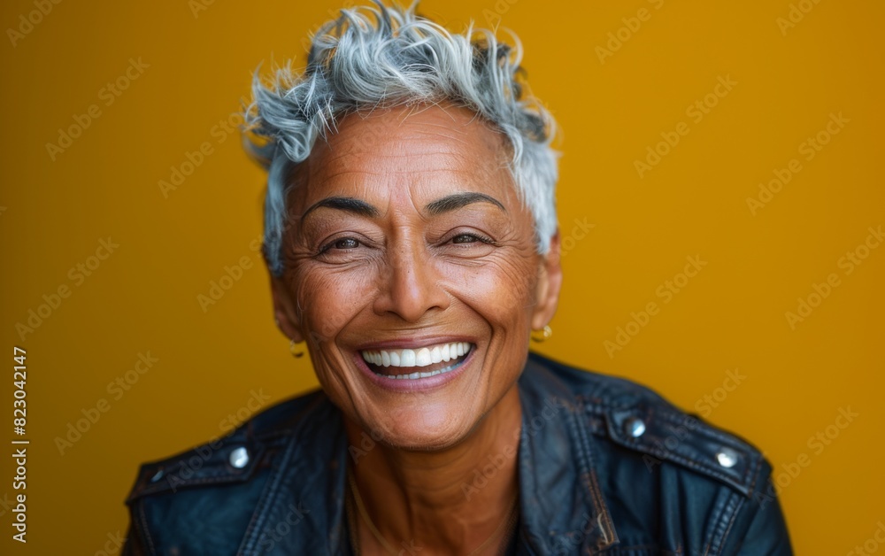 A woman of South Asian descent, senior with grey hair, smiling while wearing a leather jacket A woman of South Asian descent, senior with grey hair, smiling while wearing a leather jacket