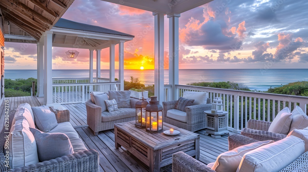 Fototapeta premium Luxurious beachfront porch at sunset with cozy seating and vibrant skies, perfect for relaxation and introspection.
