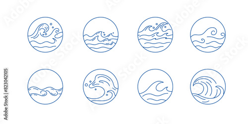 Line waves circle. Outline marine round icons, emblem logo or badge design. Minimal illustration. Sea ocean summer vacation. Pictogram water streams. minimalistic symbol. Vector isolated illustration