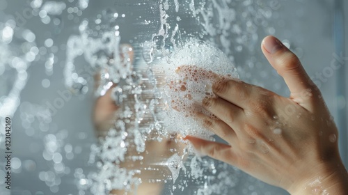 Clear A hand cleaning a foggedup mirror, revealing a clear reflection close up, focus on hand clarity realistic, Fusion, bathroom mirror photo