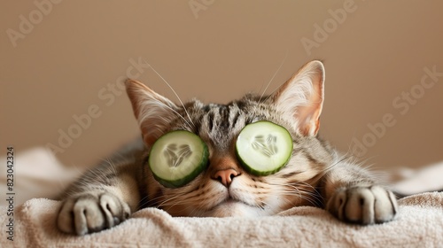 a cat with a cucumber mask on its face
