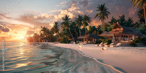  Tropical resort with sunset near beach, A tranquil beach scene with palm trees swaying in the warm summer breeze, and the sun setting over the horizon
 photo