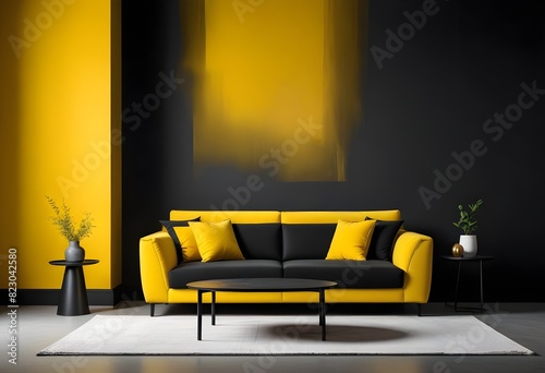 Living interior black and yellow wall fabric sofa and wooden floor