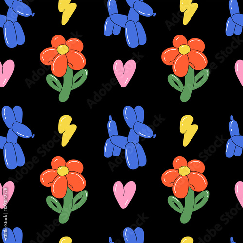 Balloon animals pattern seamless. inflatable dog flower and butterfly. Colorful glossy rubber toy. Birthday party festive y2k decor textile, wrapping paper, wallpaper design. Print for fabric vector
