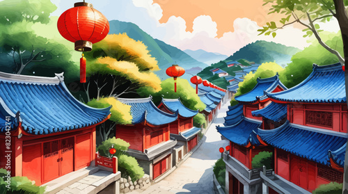 a painting of a chinese village with red lanterns