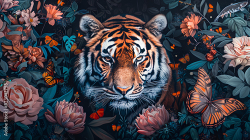 a painting of a tiger surrounded by flowers and butter  Generative AI
