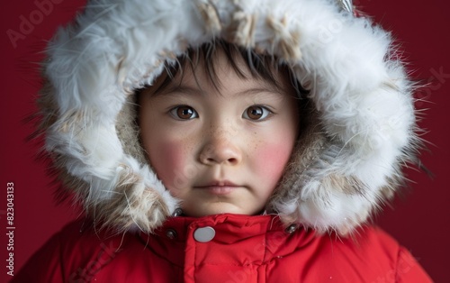 A toddler of Inuit descent, wearing a red coat with a furry hood, standing outdoors