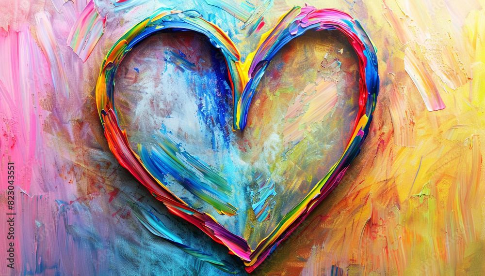 A heart symbol painted with rainbow-colored brush strokes, textured and vibrant, against a background that subtly shifts through a rainbow gradient.
