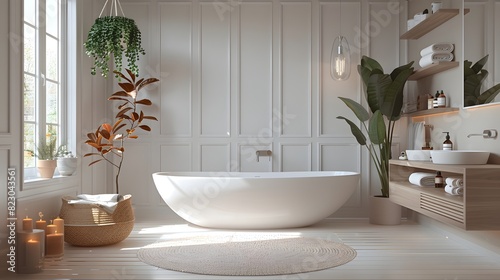 Bright and serene bathroom interior with a freestanding bathtub  potted plants  and natural light streaming in through the window  depicting a tranquil home spa atmosphere. 