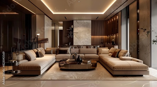 Luxurious modern living room interior with stylish furniture and ambient lighting that exudes comfort and elegance. 