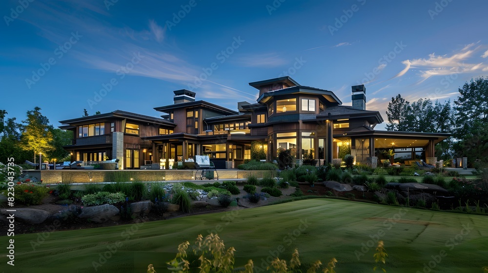 Fototapeta premium Luxurious modern house illuminated at dusk with landscaped garden and expansive lawn.