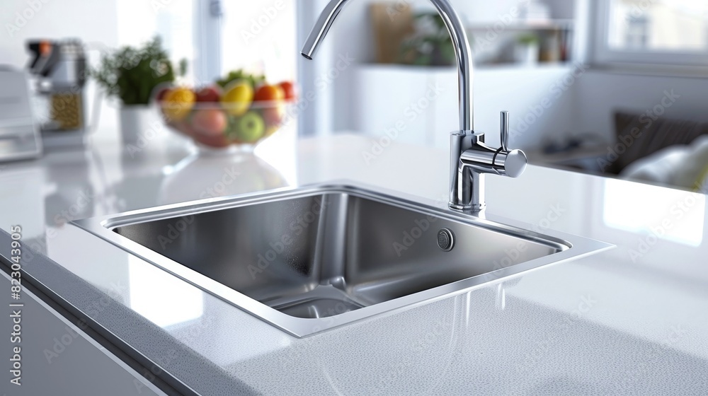 Close-up of a stylish undermount sink in a modern kitchen, seamless look with the countertop, isolated background, studio lighting capturing elegance and ease of cleaning Close-up of a stylish undermount sink in a modern kitchen, seamless look with the countertop, isolated background, studio lighting capturing elegance and ease of cleaning