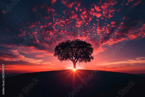 Pojedyncze drzewo na tle zachodu słońca. Niebo pełne intensywnych odcieni czerwieni, różu i fioletu. photo