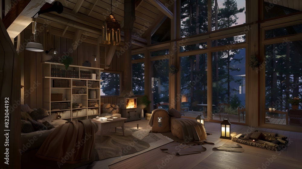 Fototapeta premium Cozy cabin interior at night with warm lighting and forest view through large windows