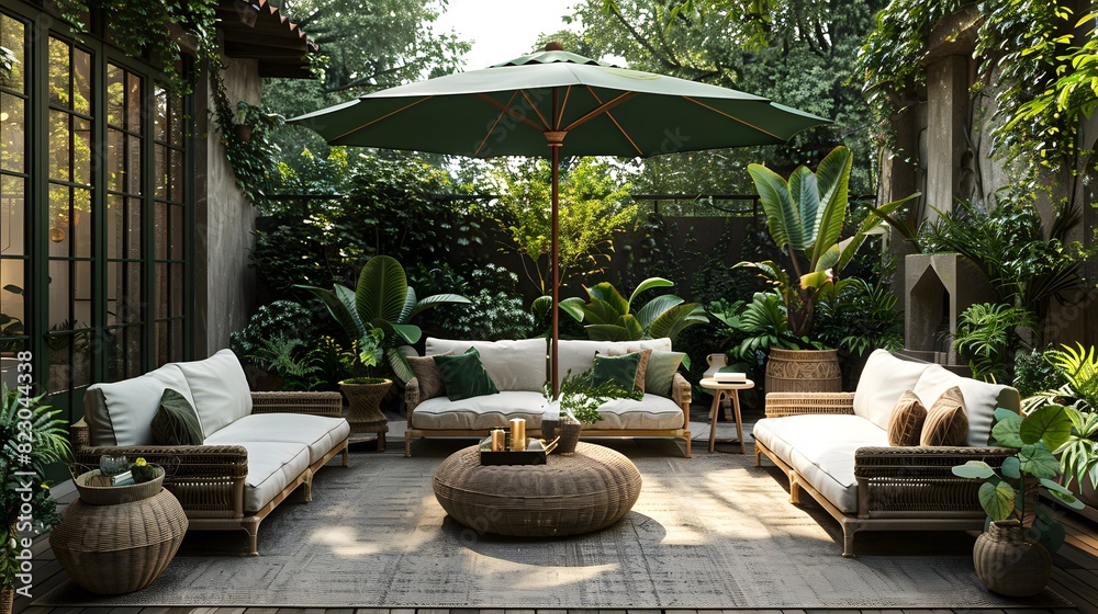 Fototapeta premium Elegant outdoor patio setup with comfortable furniture and green plants under a calming shaded area