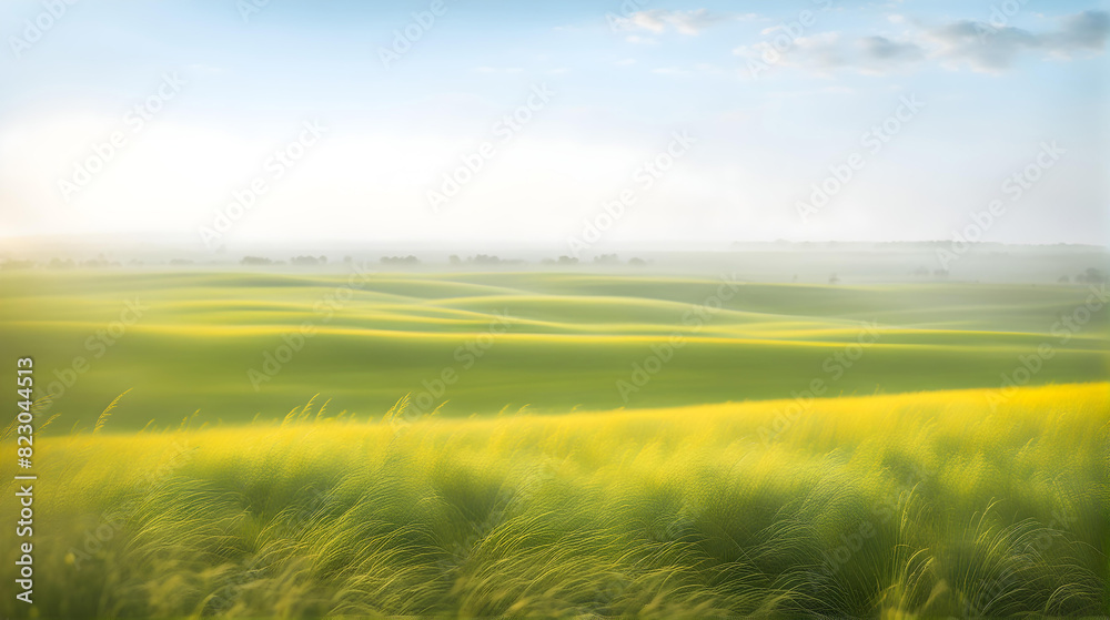 Obraz premium flat steppe with fresh green meadow during the day with light fog in the background,