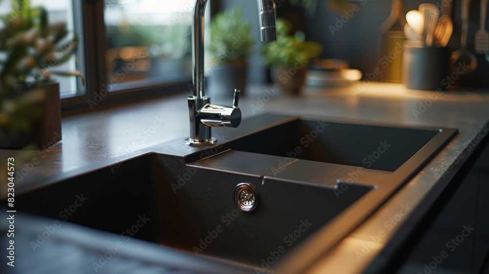 Close-up of a stylish composite granite sink in a contemporary kitchen setting, isolated background, studio lighting enhancing its durability and color options