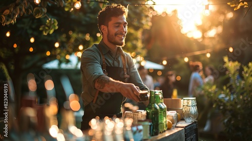 Bartender Working at a Private Event: At a private event, a bartender sets up a portable bar, serving a variety of beverages to guests and maintaining a lively atmosphere throughout the evening  photo