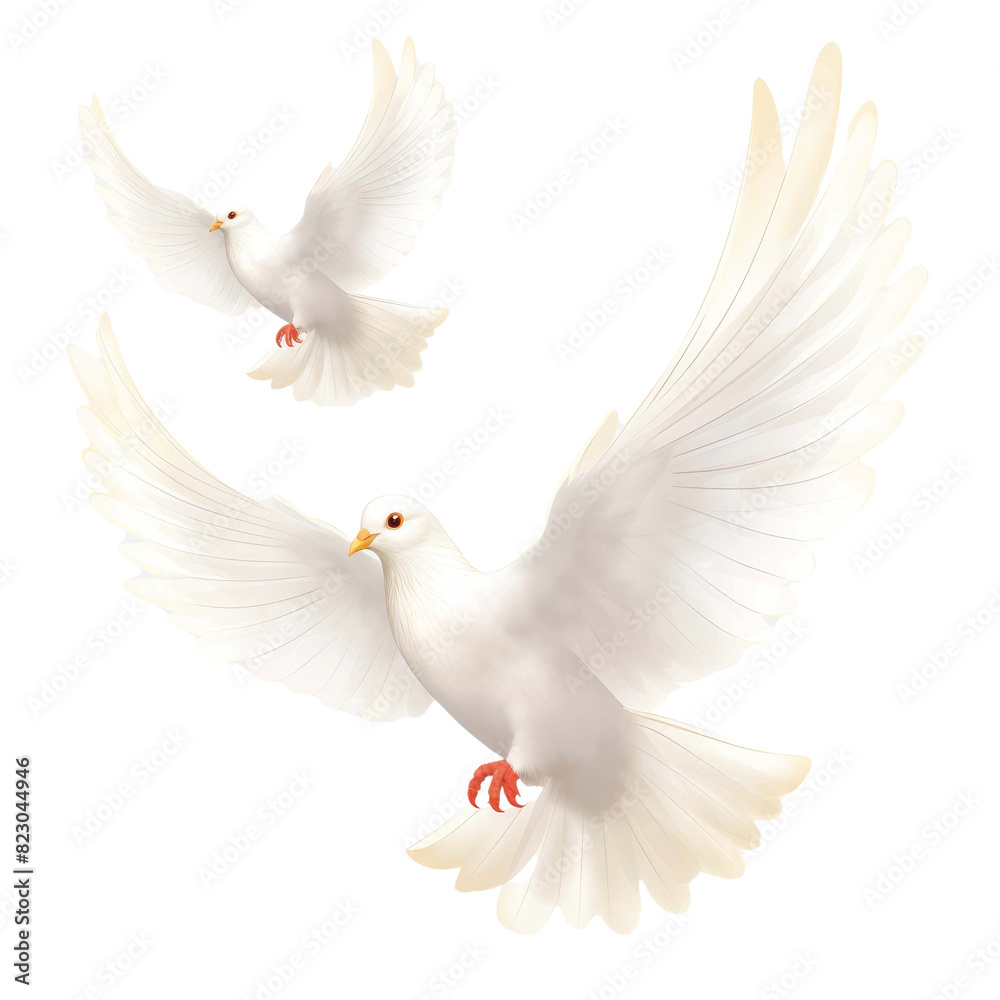 Fototapeta premium A group of white pigeons flying isolated on transparent background.