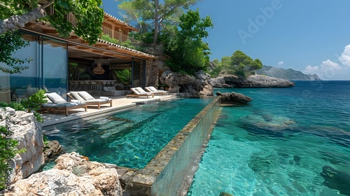 Luxurious waterfront villa with infinity pool overlooking a serene sea under a clear blue sky 