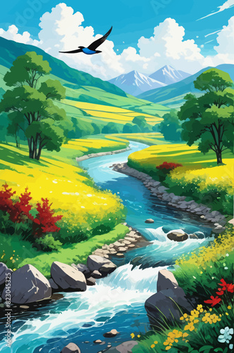 a river running through a lush green countryside