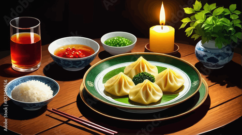 a table topped with plates of food and a candle
