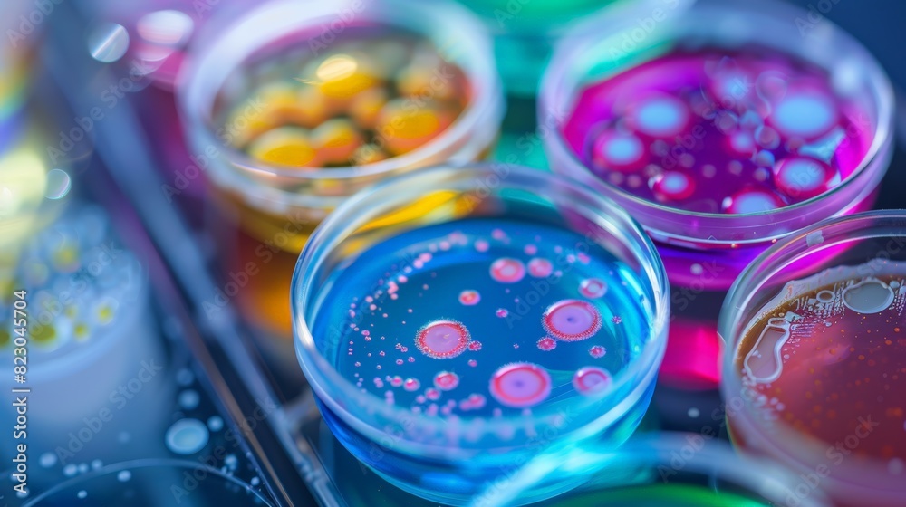 Close-up of a petri dish teeming with colorful bacterial cultures Close-up of a petri dish teeming with colorful bacterial cultures