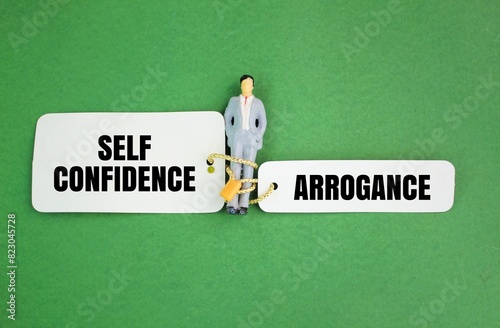 Canvas-taulu miniature people and paper with two choice words self confidence or arrogance