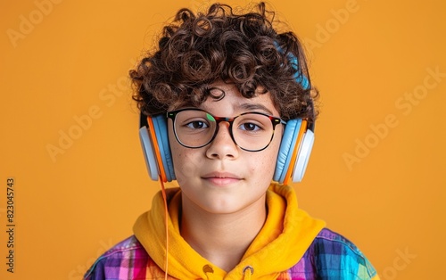 A young Hispanic genderqueer child wearing glasses and a yellow hoodie