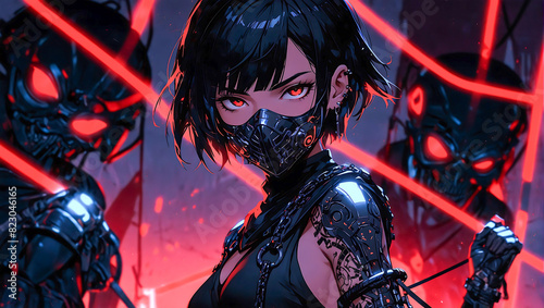 Portrait of an anime style cyberpunk female ninja warrior on a dark moody and atmospheric background