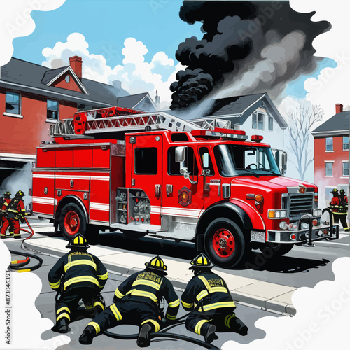 a painting of a firetruck with firefighters surrounding it
