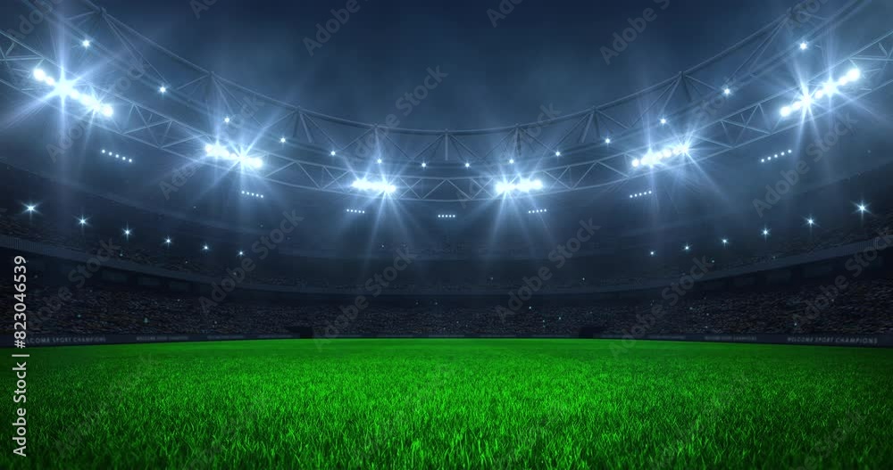 Modern sport stadium at night and soccer or football field ready for the match. Professional 4K video loop for sports advertisement.	
