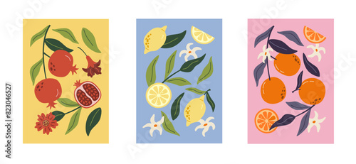 Collection of abstract prints contemporary art. Summer hand drawn fruits. Pomegranates, lemon and orange. Modern design for posters, cards, prints.