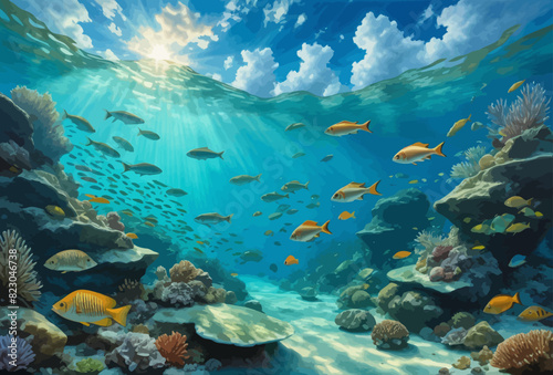 a painting of a coral reef with a lot of fish