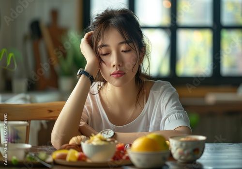 An Asian young woman practicing intermittent fasting experiences a stomach ache and struggles with hunger while eyeing breakfast food and checking her watch to see if it s time to eat.