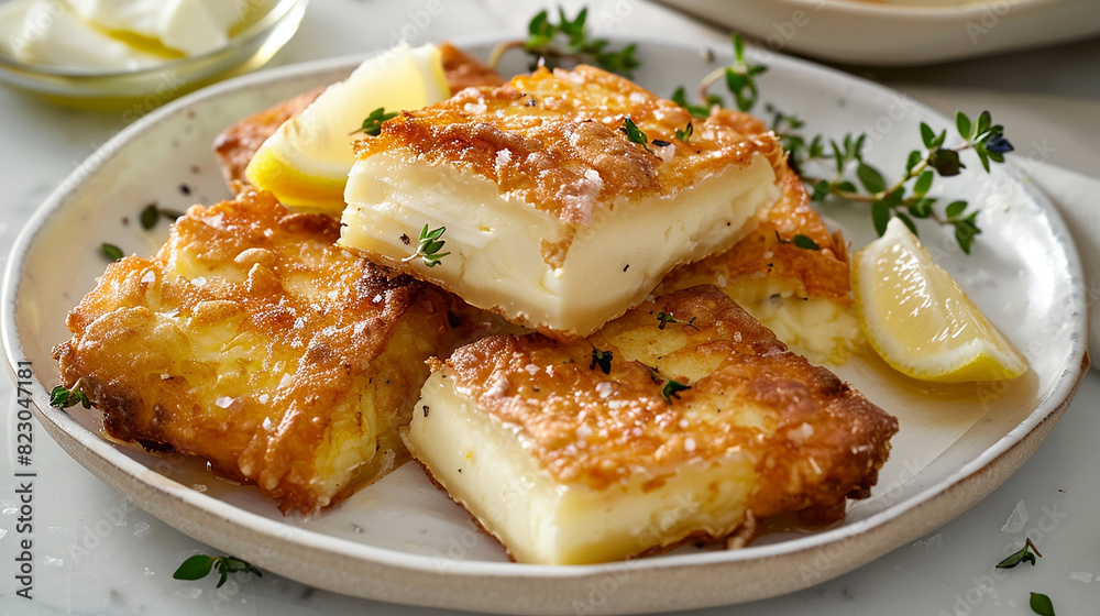 A plate of crispy and golden-fried Greek cheese saganaki, featuring kefalotyri or graviera cheese, served with a squeeze of lemon and garnished with fresh herbs.