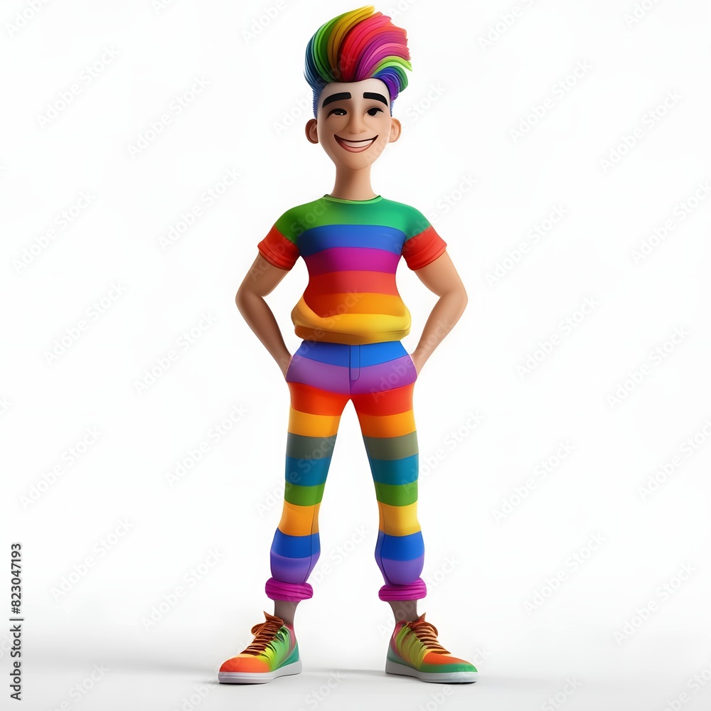 A vibrant and proud 3D male character stands confidently on a white background, celebrating LGBTQ+ pride. He is dressed in a colorful outfit featuring a rainbow flag-inspired design, with a beaming A vibrant and proud 3D male character stands confidently on a white background, celebrating LGBTQ+ pride. He is dressed in a colorful outfit featuring a rainbow flag-inspired design, with a beaming