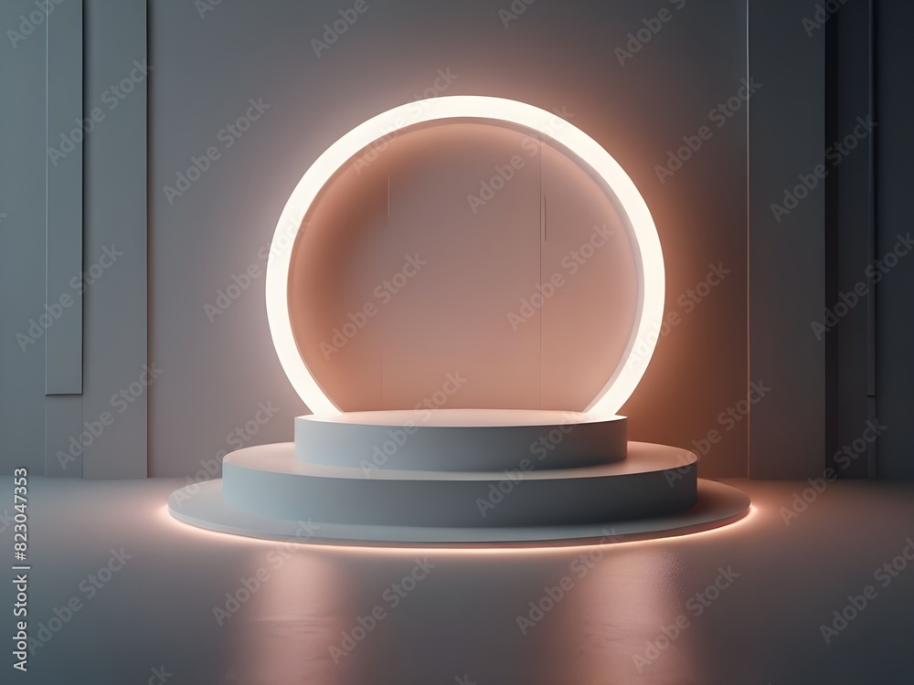 Stone podium with Jungle and circle neon lighting background Stone podium with Jungle and circle neon lighting background