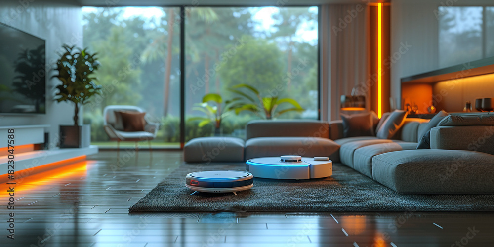 Futuristic Living Room With Smart Robotic Rolling Vacuum Cleaner, Wireless Futuristic Vacuum House Cleaner Schedule With HUD Darum Data Controls, Future Smart Home Appliances Concept, Generative AI. Futuristic Living Room With Smart Robotic Rolling Vacuum Cleaner, Wireless Futuristic Vacuum House Cleaner Schedule With HUD Darum Data Controls, Future Smart Home Appliances Concept, Generative AI.