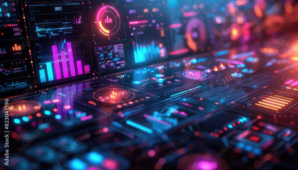 Fototapeta premium AI algorithm learning from data, holographic charts, futuristic interface, vibrant colors, high resolution, advanced technology,