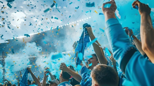 group of Sky Blue football team fans cheer and celebrating a winning tournament or winning league in stadium. the fans wearing sky blue shirt . Generative AI photo